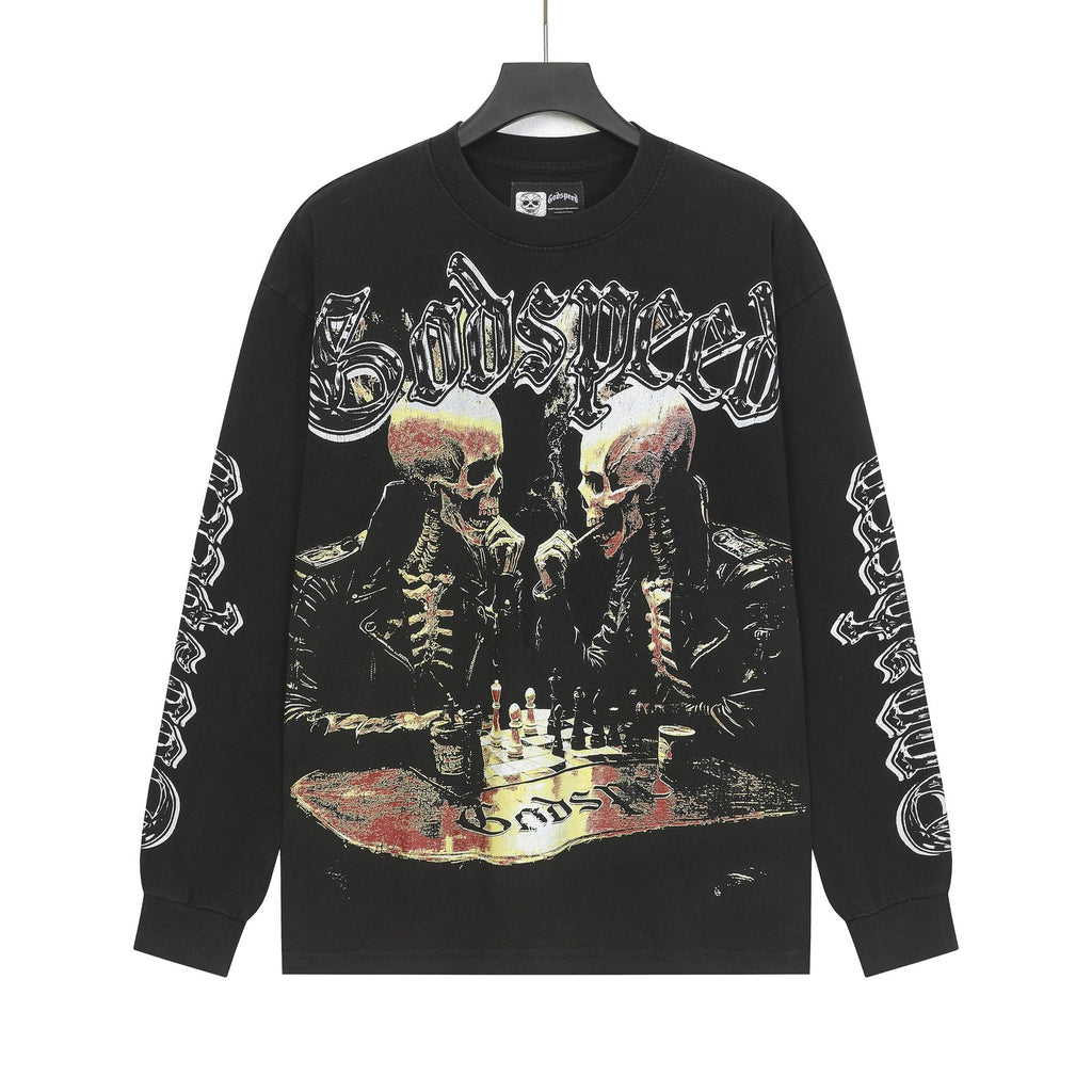 Godspeed Washed Black Skeleton Chess Graphic Long-Sleeve T-Shirt — front