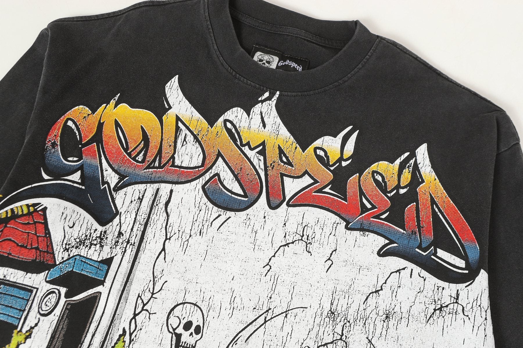 Godspeed Washed Black Skeleton Car Graphic Long-Sleeve T-Shirt — detail