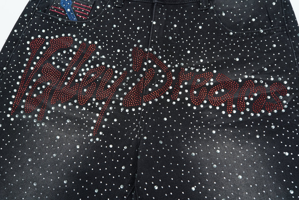 VALLEY Iced Out Rhinestone Denim Jorts — detail