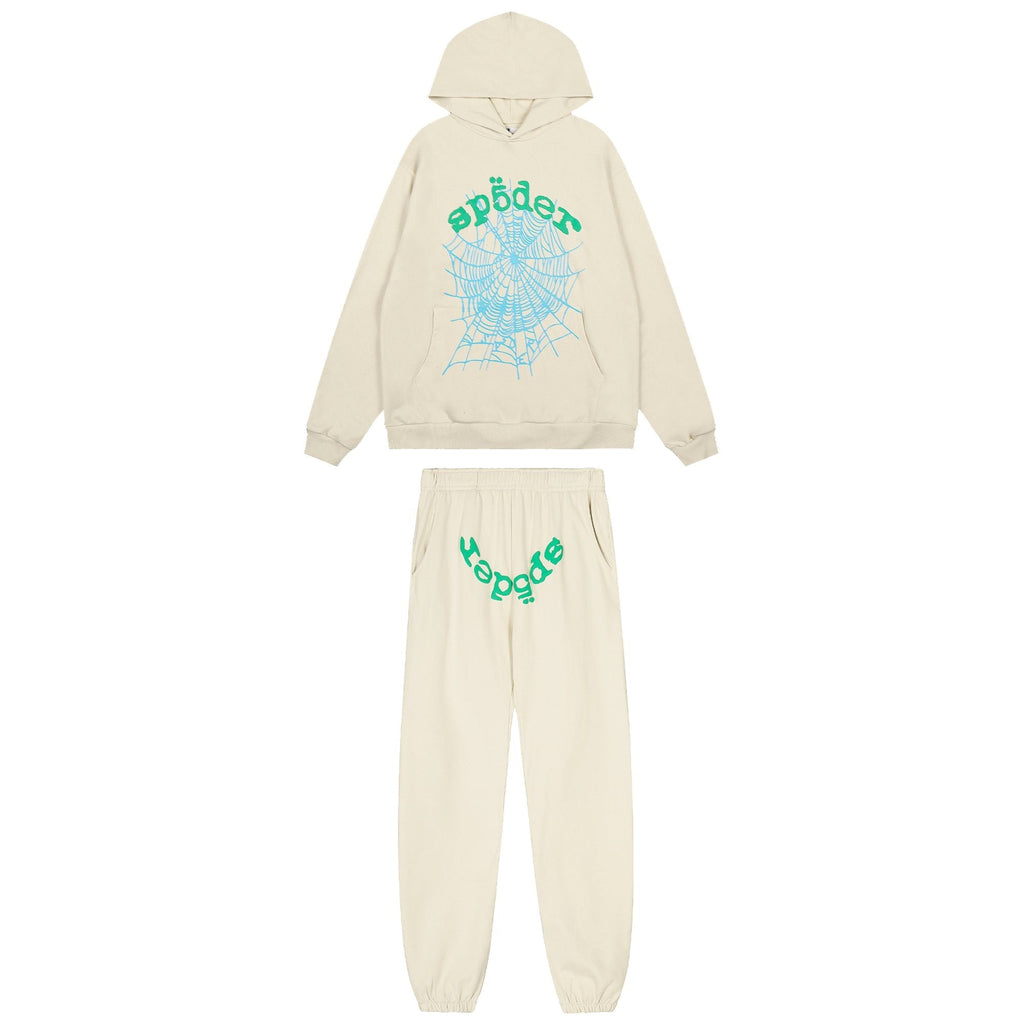 Sp5der Cream Graphic Hoodie & Sweatpants Matching Set — hero
