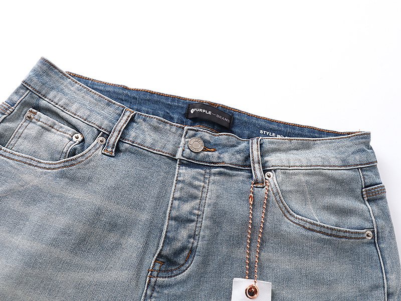 Purple Brand Light Blue Raw Hem Graphic Denim Shorts — detail