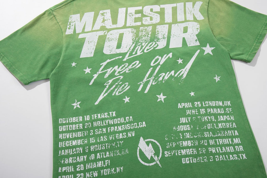 MAJESTIK Green Distressed Tour Graphic T-Shirt — detail