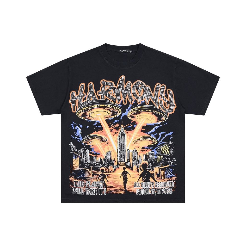 HARMONY UFO City Rhinestone Graphic T-Shirt — front