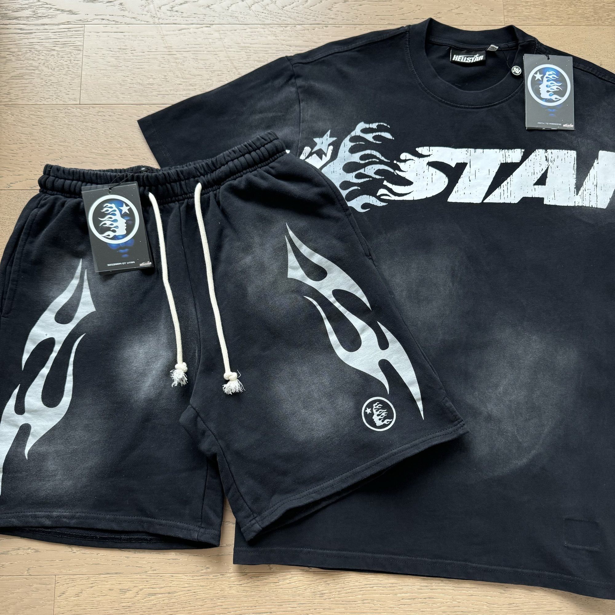 Hellstar White Pink Star Flame T-Shirt & Shorts Set — front