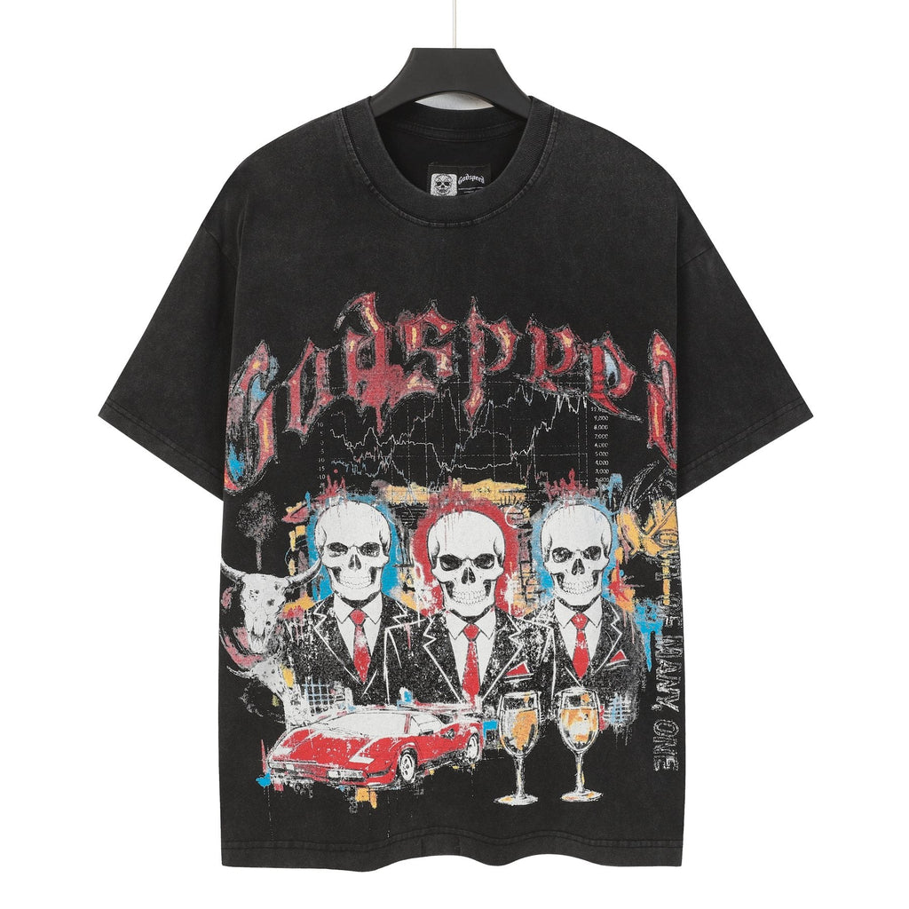 Godspeed Washed Black Skull Car Graphic T-Shirt — front