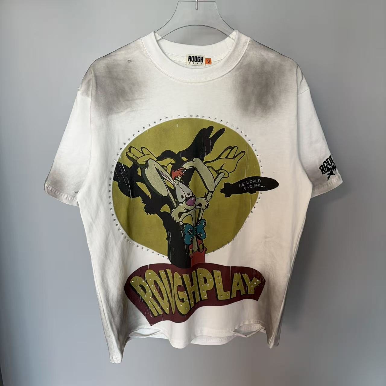 Rough Play Off-White Washed Rhinestone Graphic T-Shirt — hero