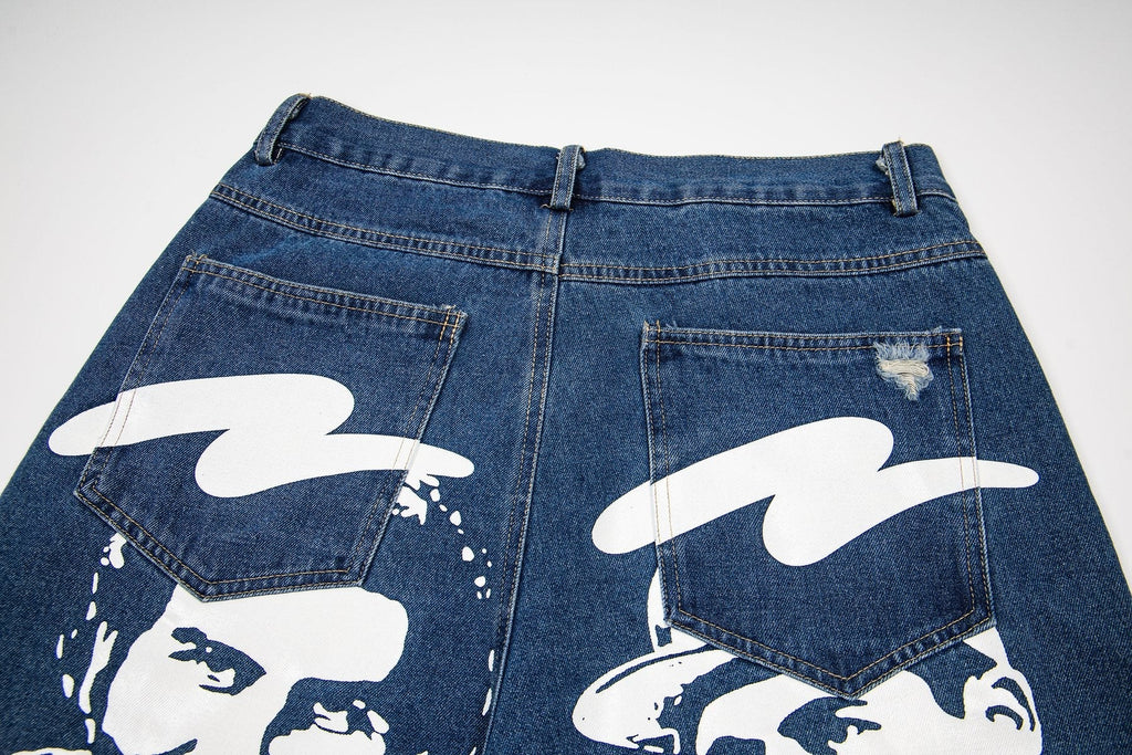 ASAALL Portrait Graphic Washed Denim Shorts — detail
