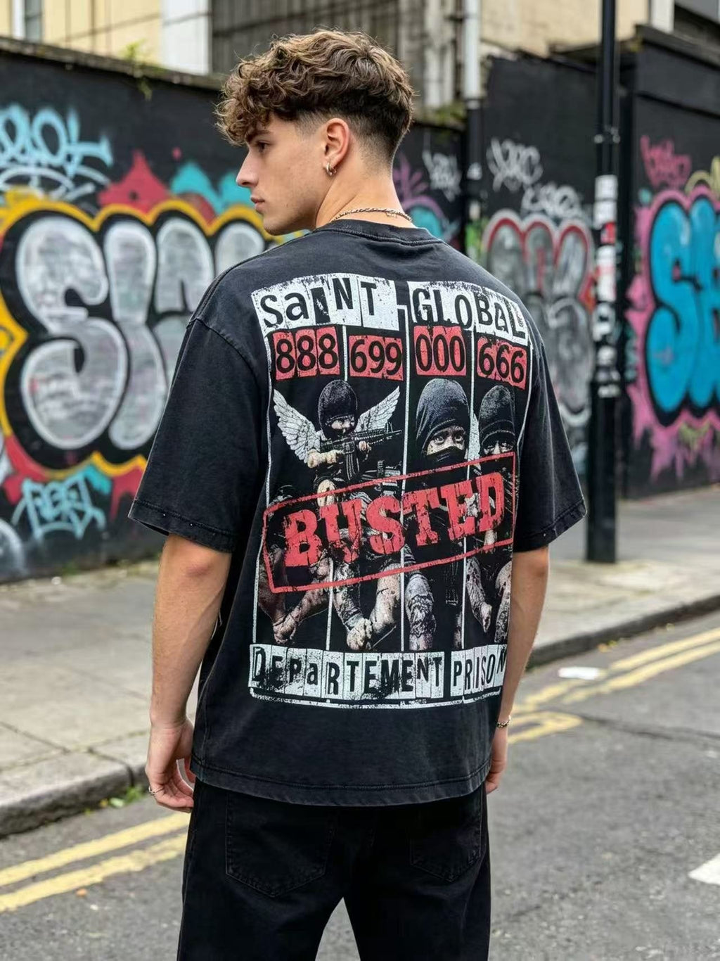 SAINT Rhinestone Distressed Graphic T-Shirt — model