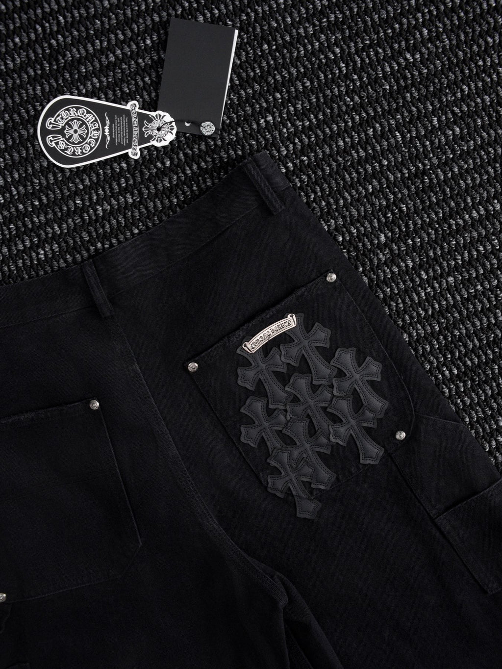 Chrome Hearts Black Graphic Appliqué Denim Cargo Shorts — detail