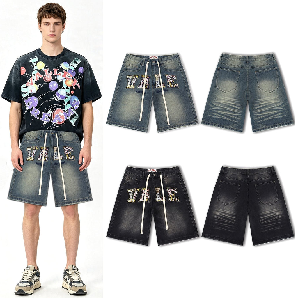 Valley Dreams Plaid Appliqué Rhinestone Denim Shorts — context