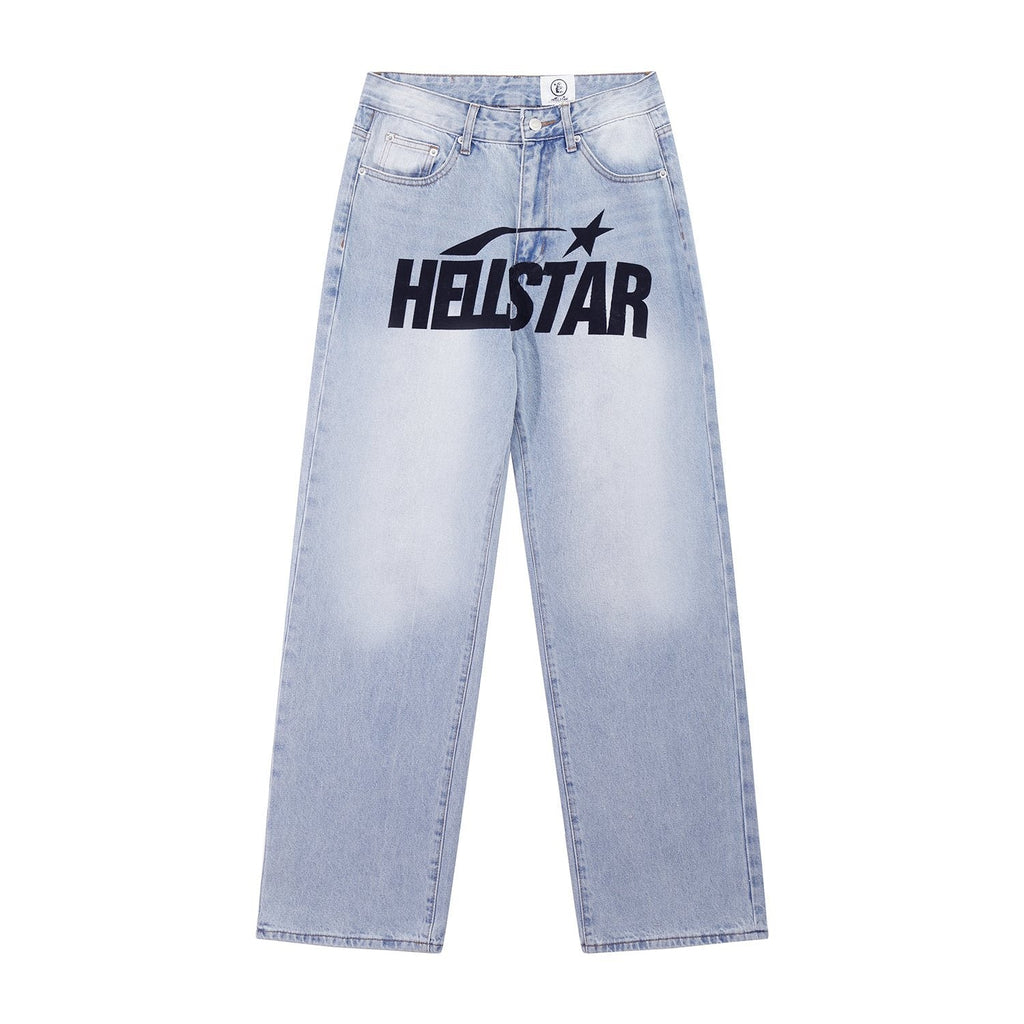 Hellstar Light Blue Washed Graphic Jeans — front