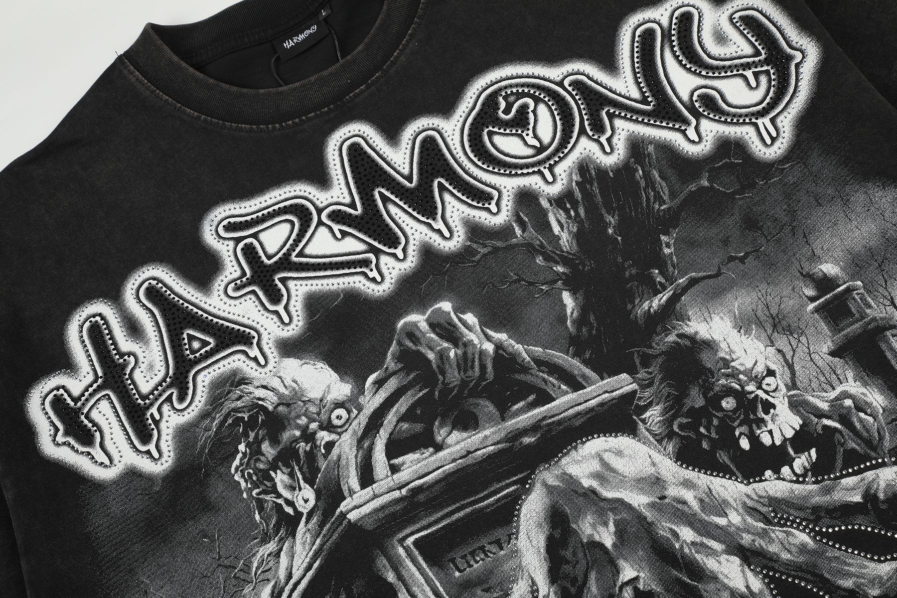 HARMONY Washed Black Rhinestone Graphic T-Shirt — detail