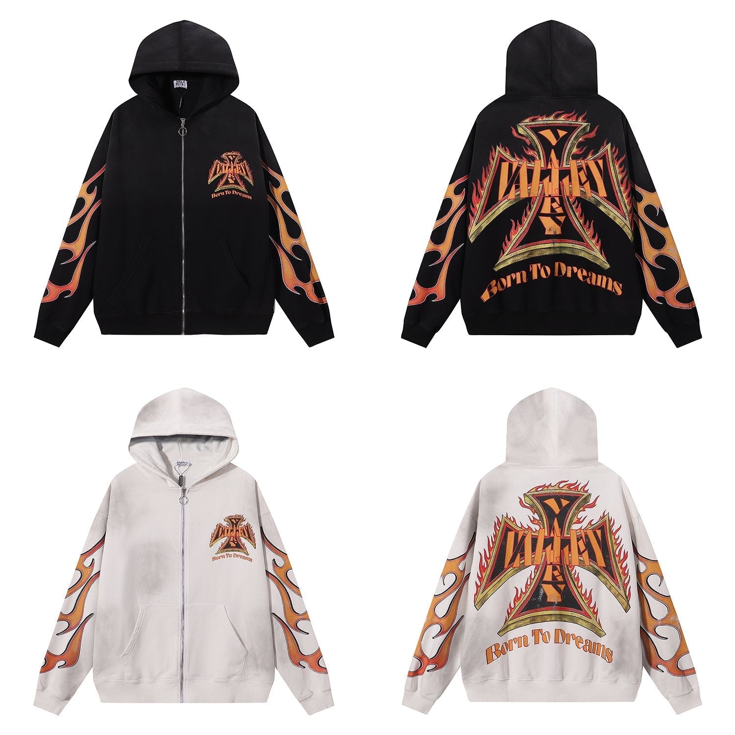 VALE USA Reborn Cross Flame Zip Hoodie — comparison