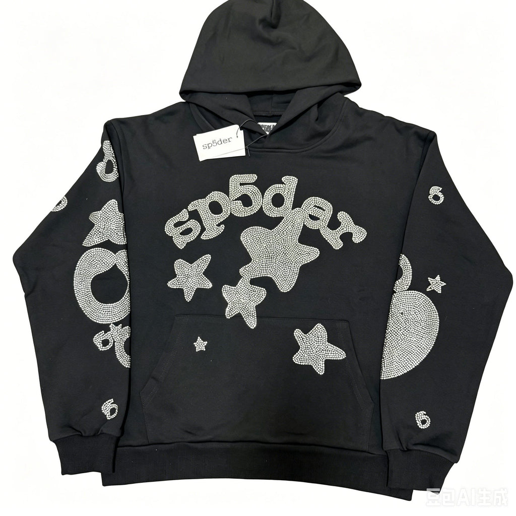 Sp5der Silver Rhinestone-Style Graphic Hoodie — hero