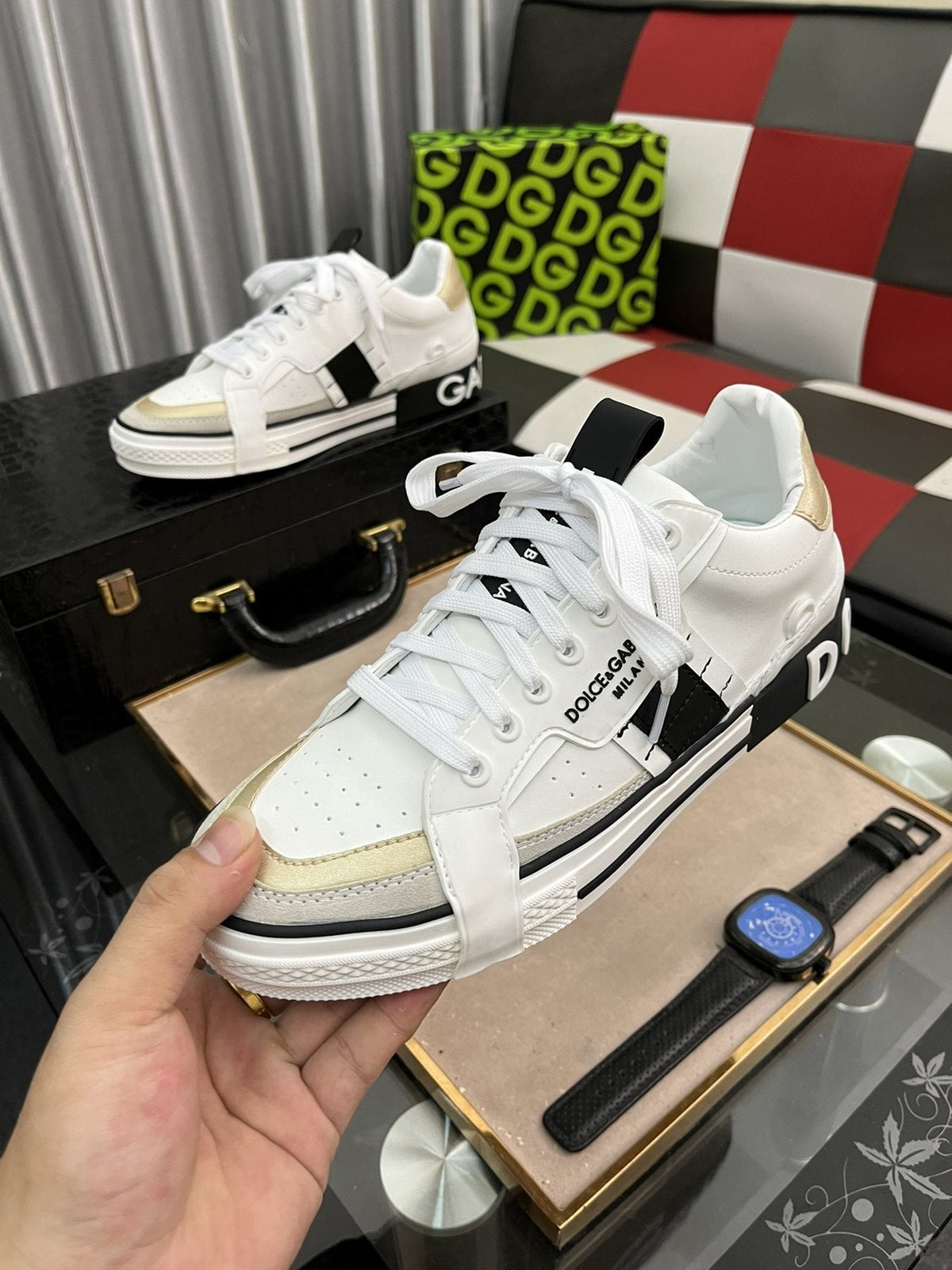 Dolce & Gabbana White, Cream & Black Lace-Up Sneakers — model