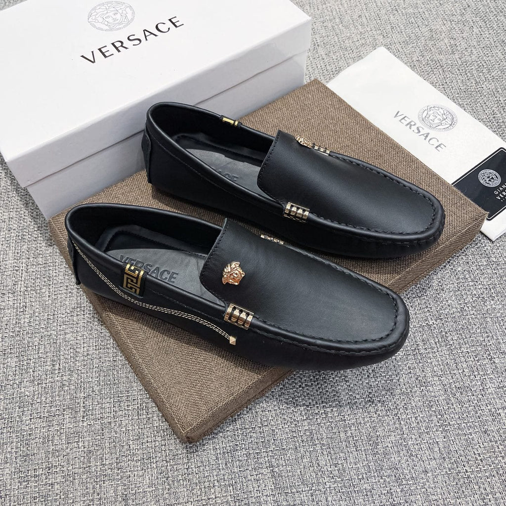 Versace Black Leather Loafers with Gold-Tone Accents — front