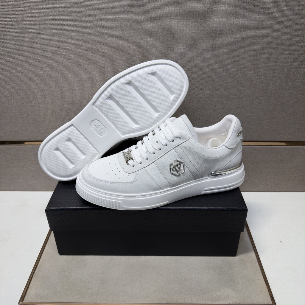 Philipp Plein White Low-Top Sneakers with Silver Accents — side