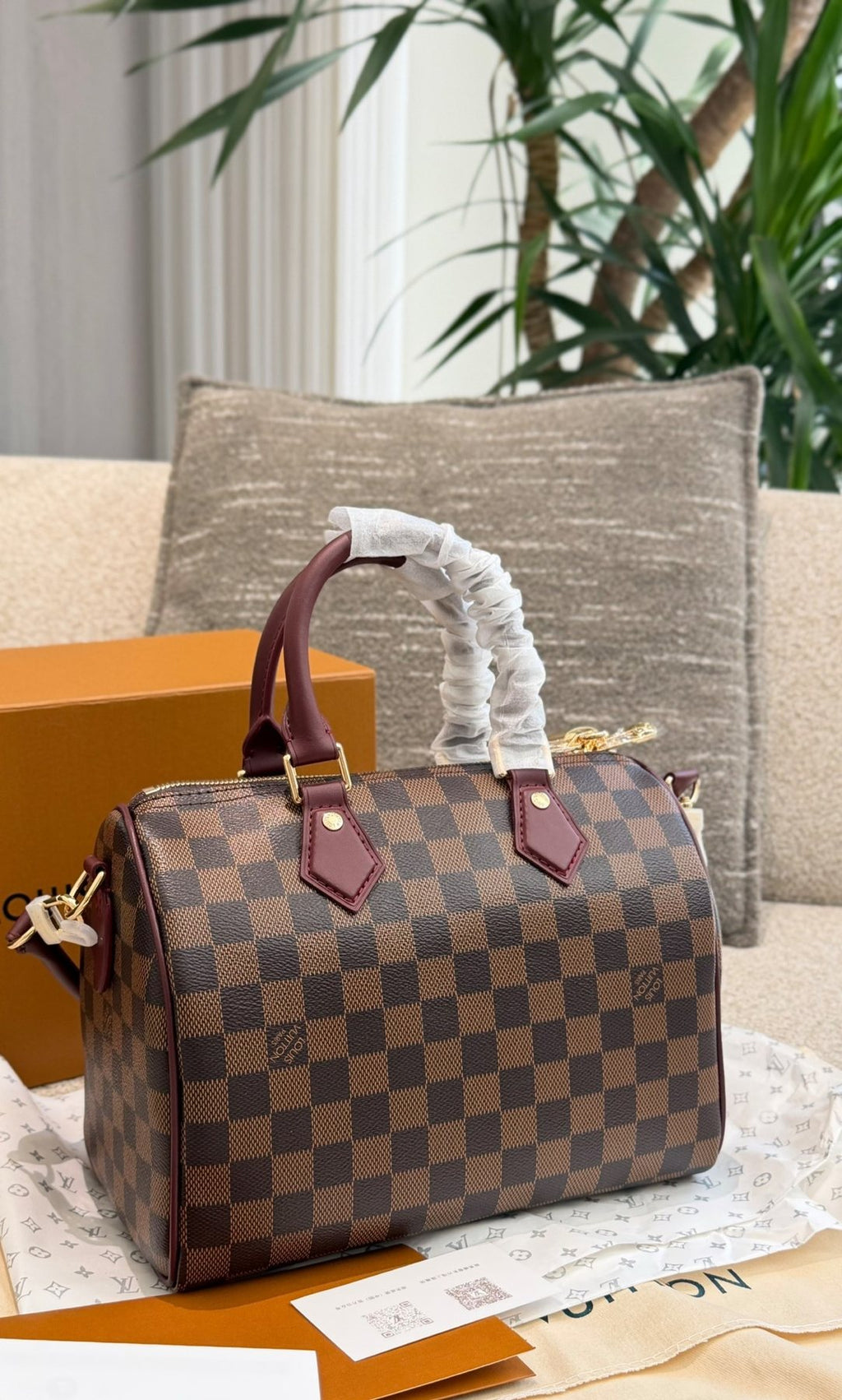 Louis Vuitton Brown Checker Satchel with Burgundy Trim — back