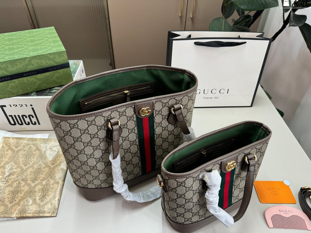 Gucci Patterned Tote with Green-Red Stripe — hero