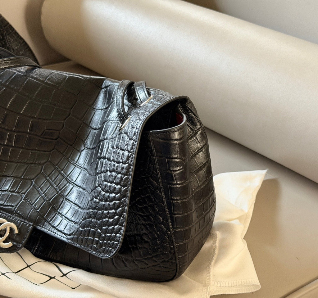 Chanel CF Maxi Crocodile-Embossed Flap Shoulder Bag — side