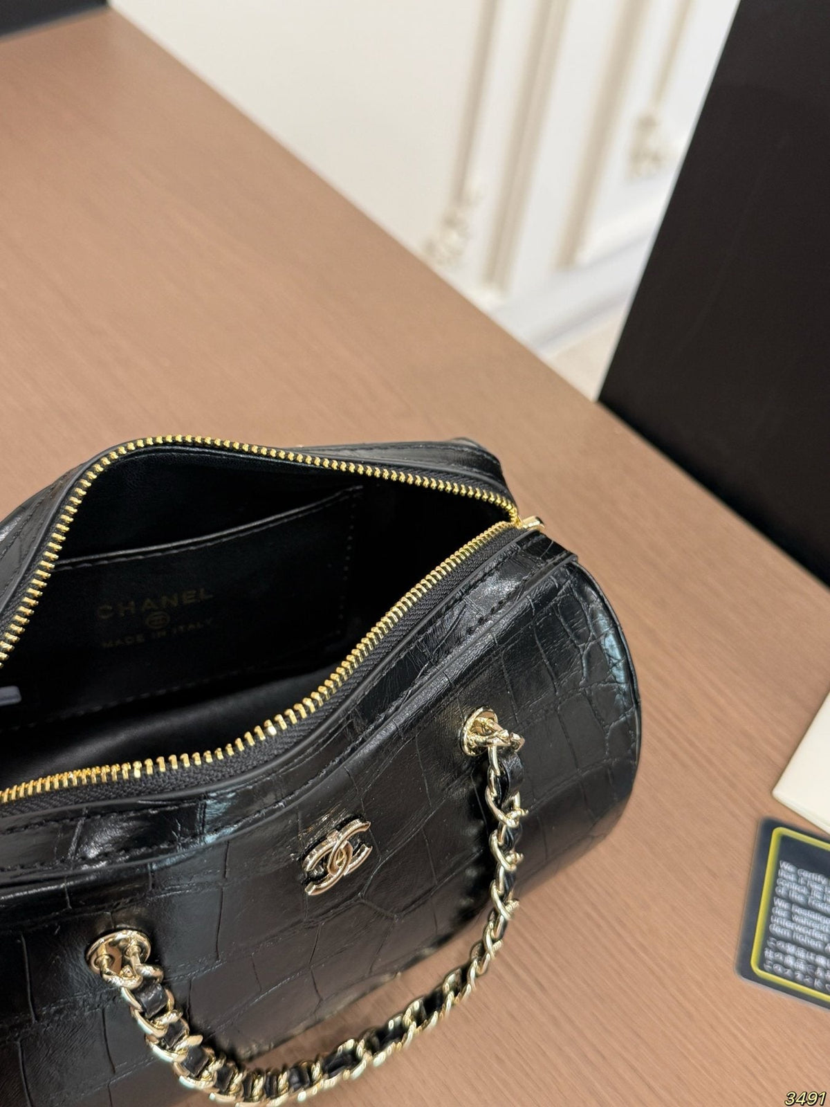 Chanel Textured Chain-Handle Bowling Bag — detail