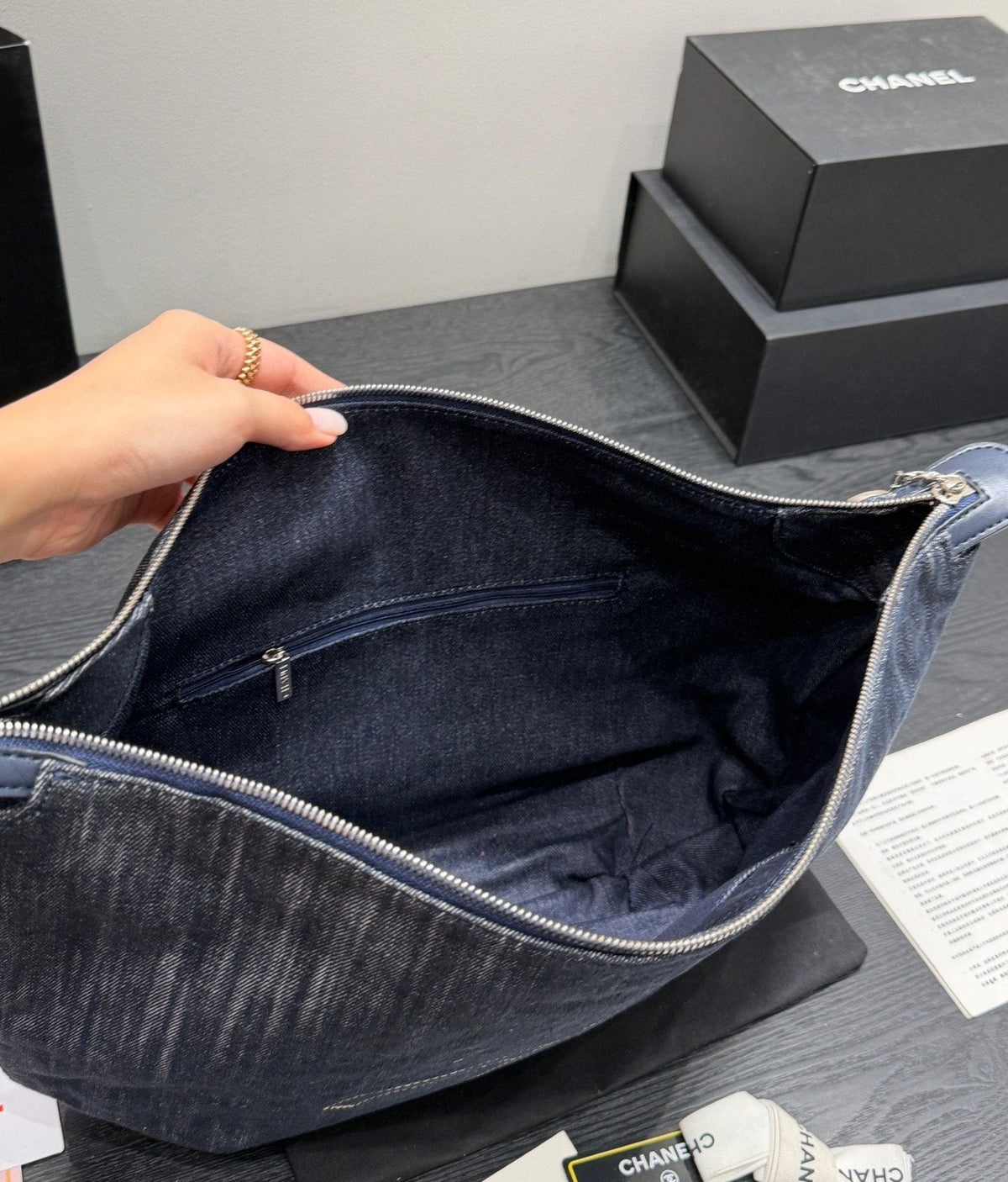 Chanel Blue Denim Chain-Strap Hobo Bag — detail