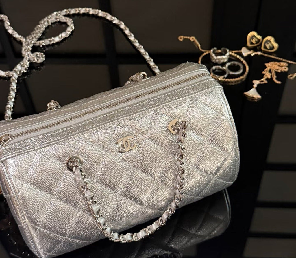 Chanel Diamond-Quilted Chain-Handle Bowling Bag — detail