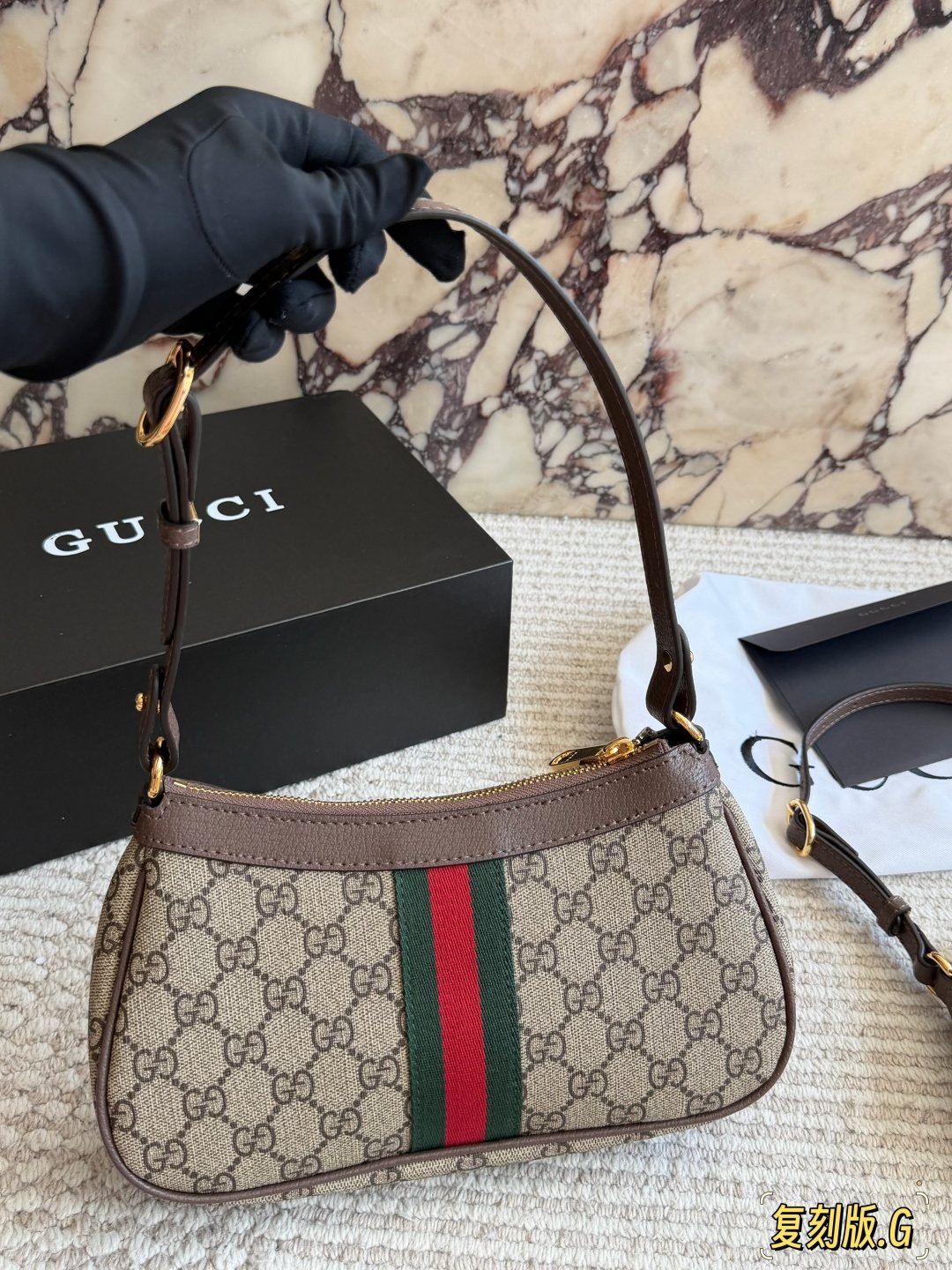 Gucci Monogram Baguette Shoulder Bag with Web Stripe — back