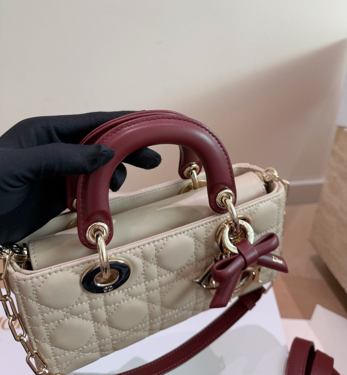 Dior D-Joy Quilted Top-Handle Bag with Burgundy Bow — detail