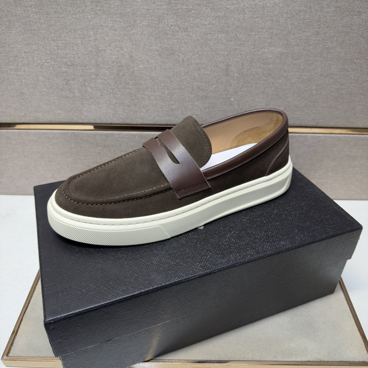 Prada Men's Penny Loafers with White Soles — front