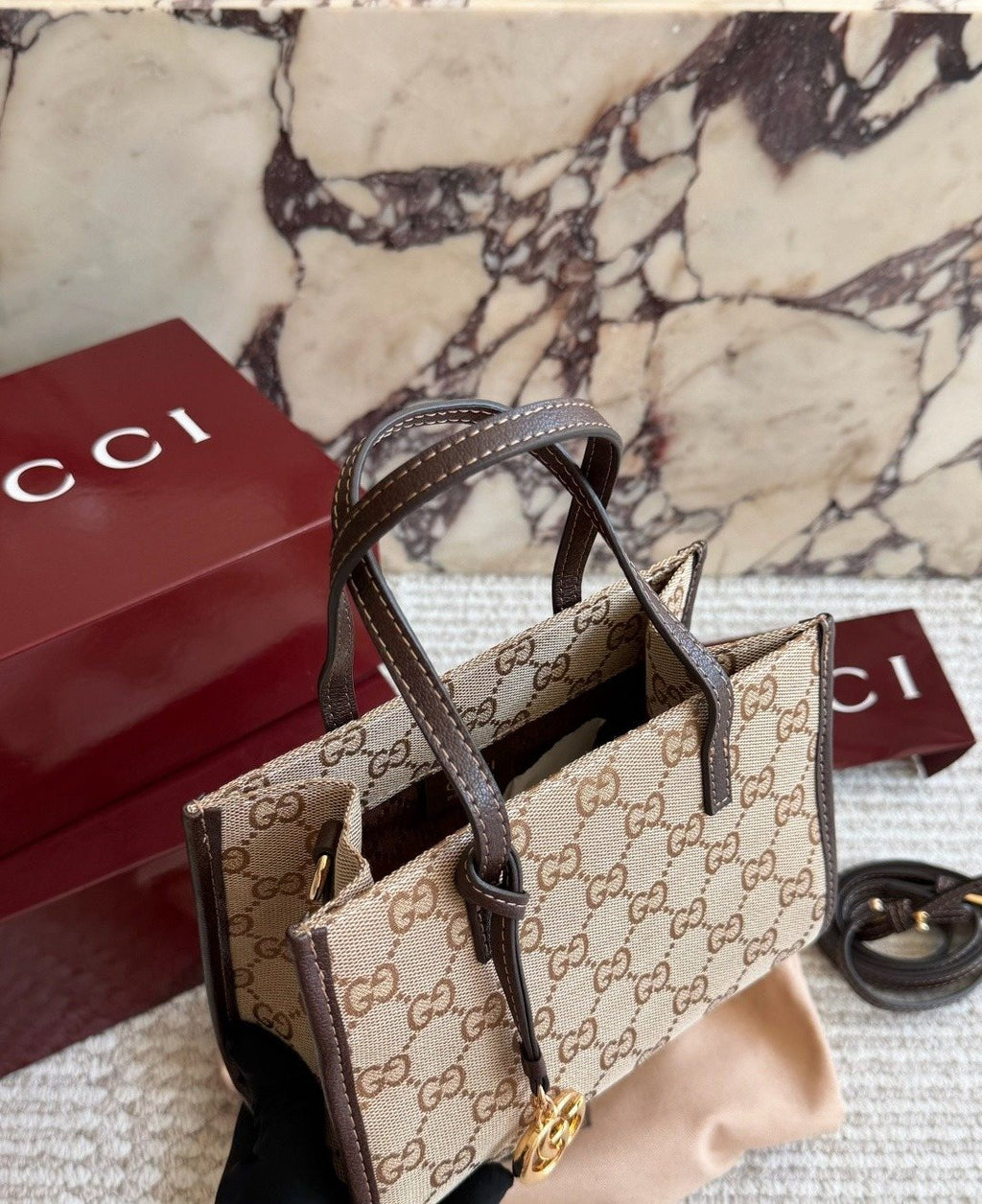 Gucci GG Pattern Tote with Double-G Ornament — detail
