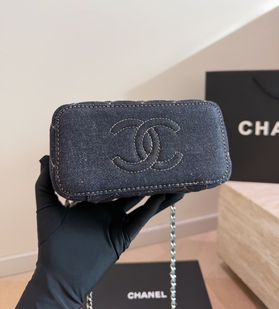Chanel Quilted Denim Box Shoulder Bag — detail