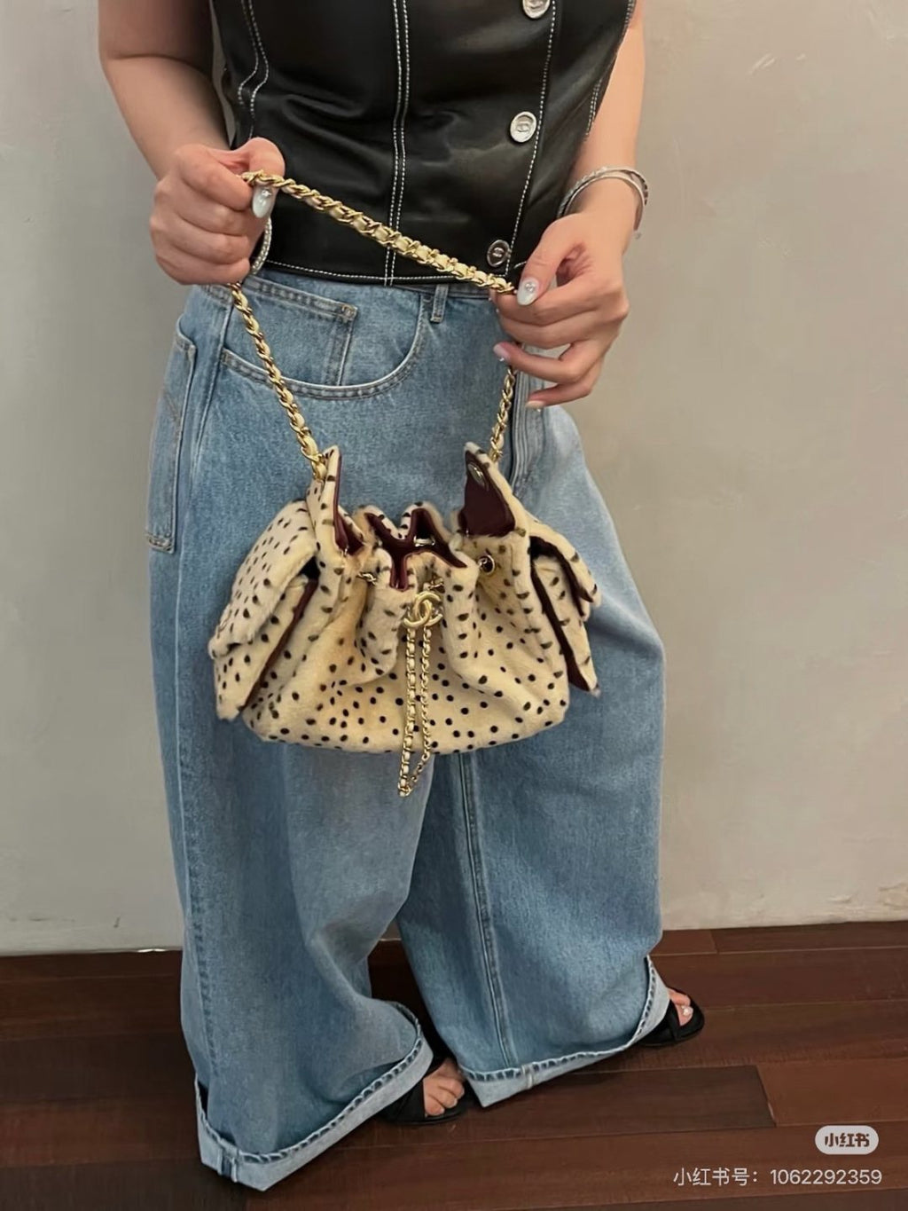 Chanel 25 Spotted Plush Bucket Bag — detail