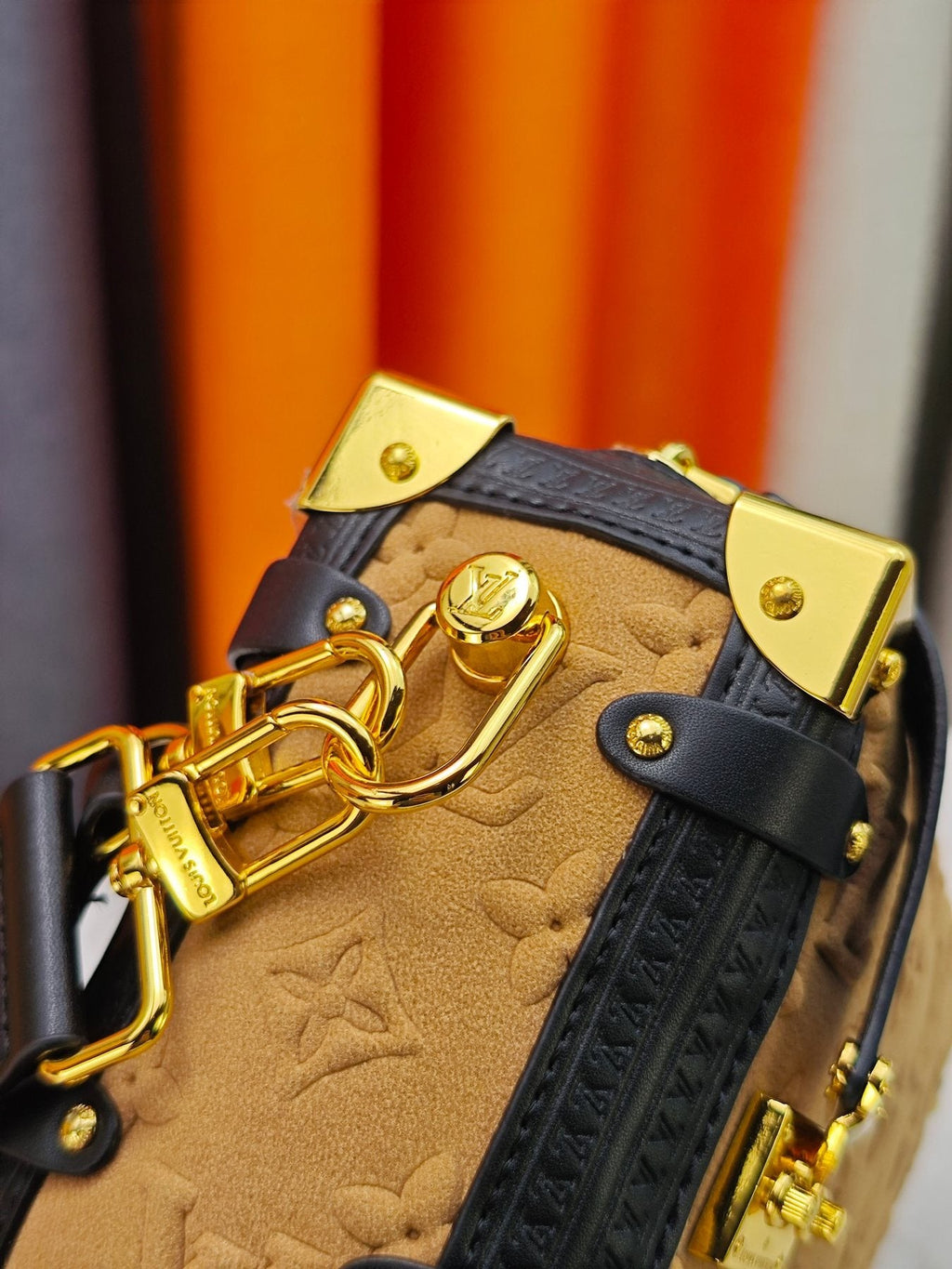 Louis Vuitton Side Trunk Embossed Tan Handbag — detail