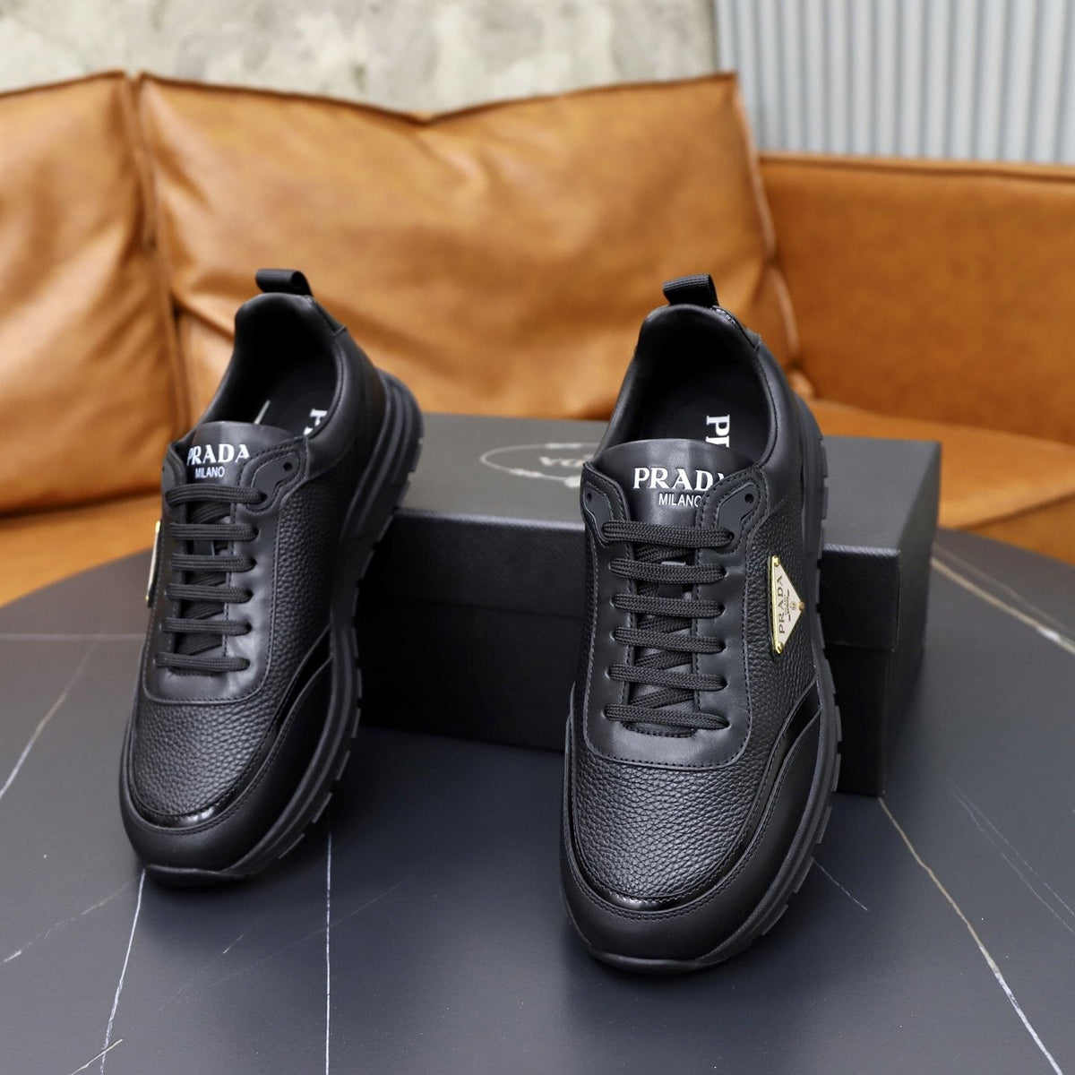 Prada Leather Lace-Up Sneakers — front