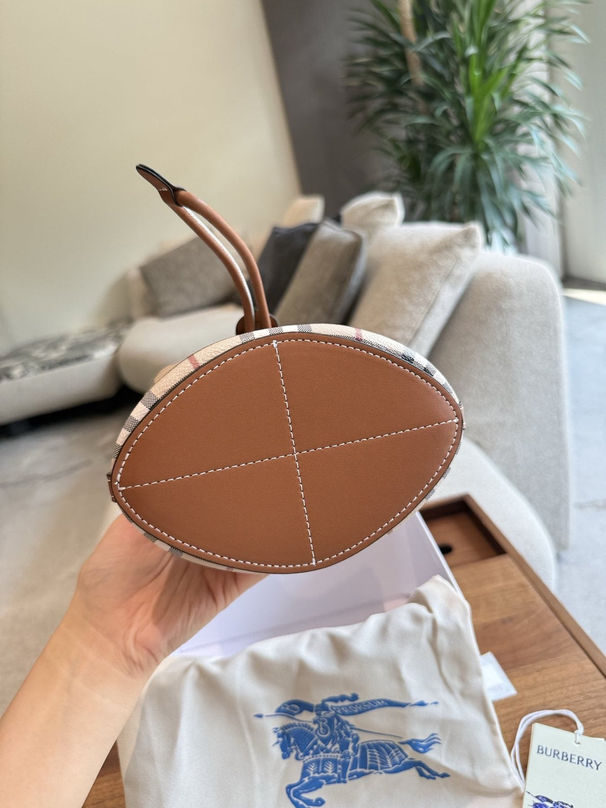 Beige Check Drawstring Bucket Bag with Tan Trim — detail