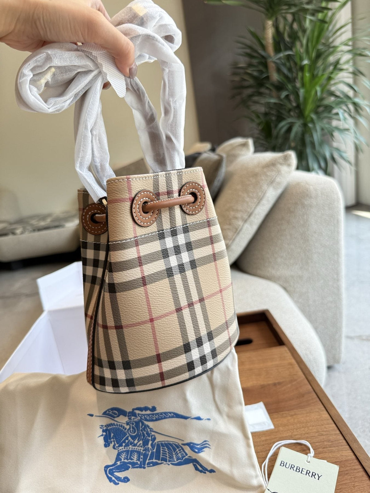 Beige Check Drawstring Bucket Bag with Tan Trim — back
