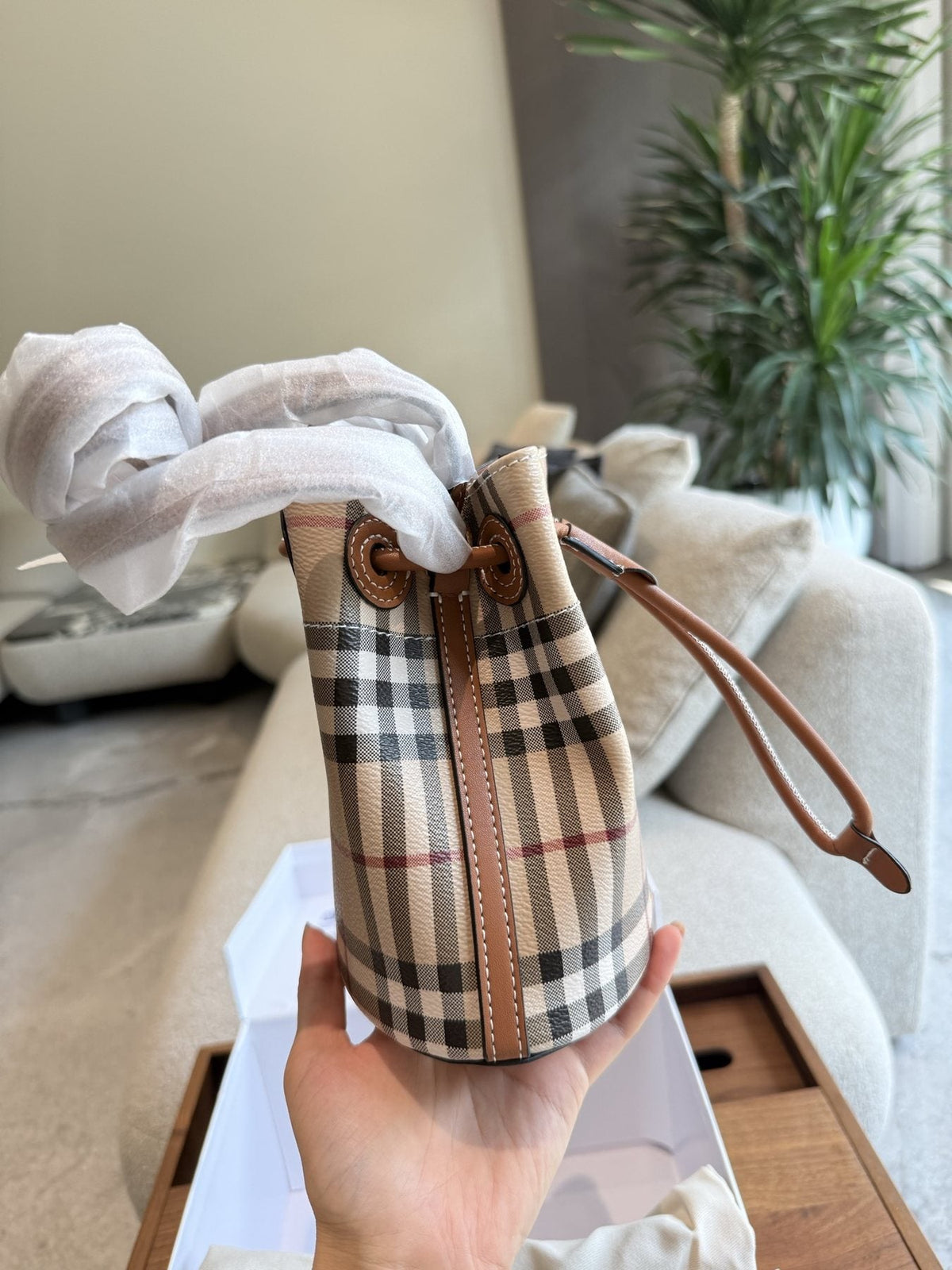 Beige Check Drawstring Bucket Bag with Tan Trim — side