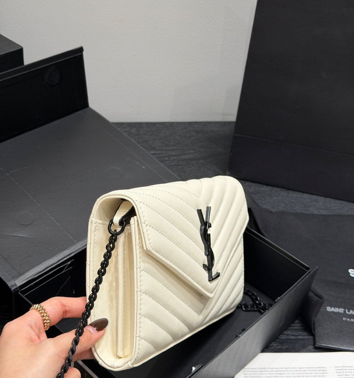 Saint Laurent Chevron-Quilted Envelope Wallet on Chain — side