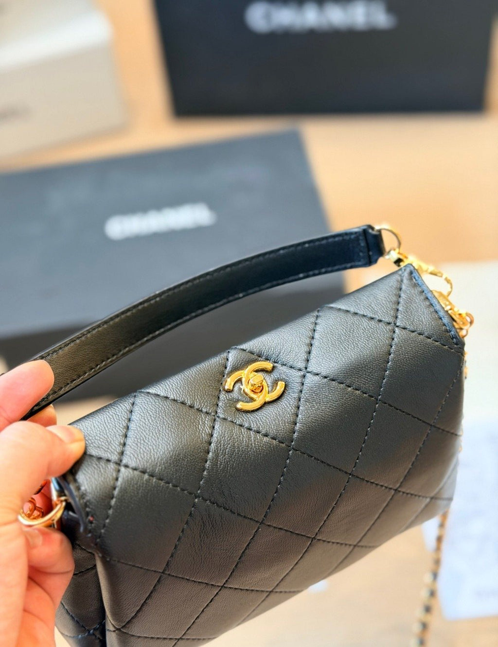 Chanel Rounded Diamond-Quilted Top-Handle Bag — detail