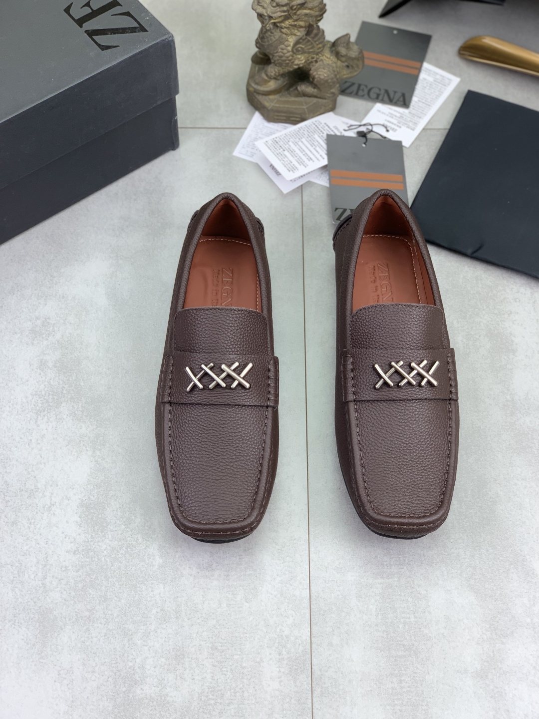 Zegna Square-Toe Leather Loafers with X Accents — front