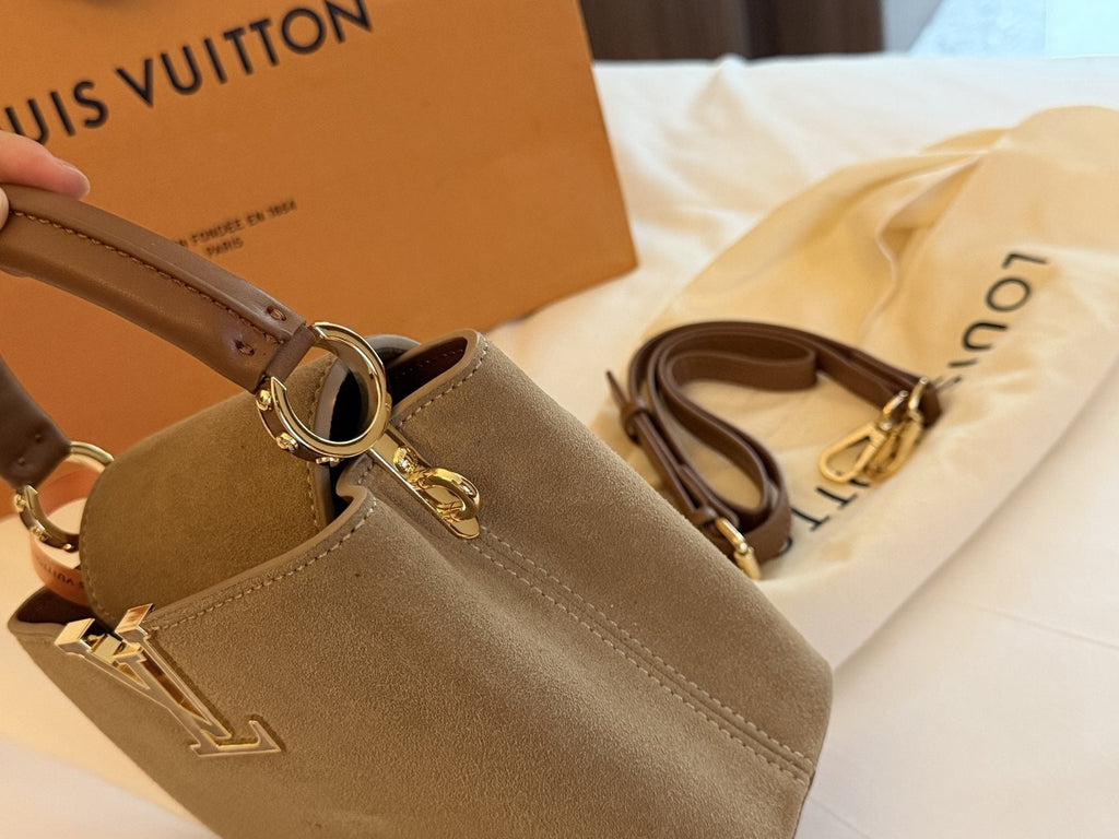 Louis Vuitton Capucines Suede-Textured Top-Handle Bag — detail