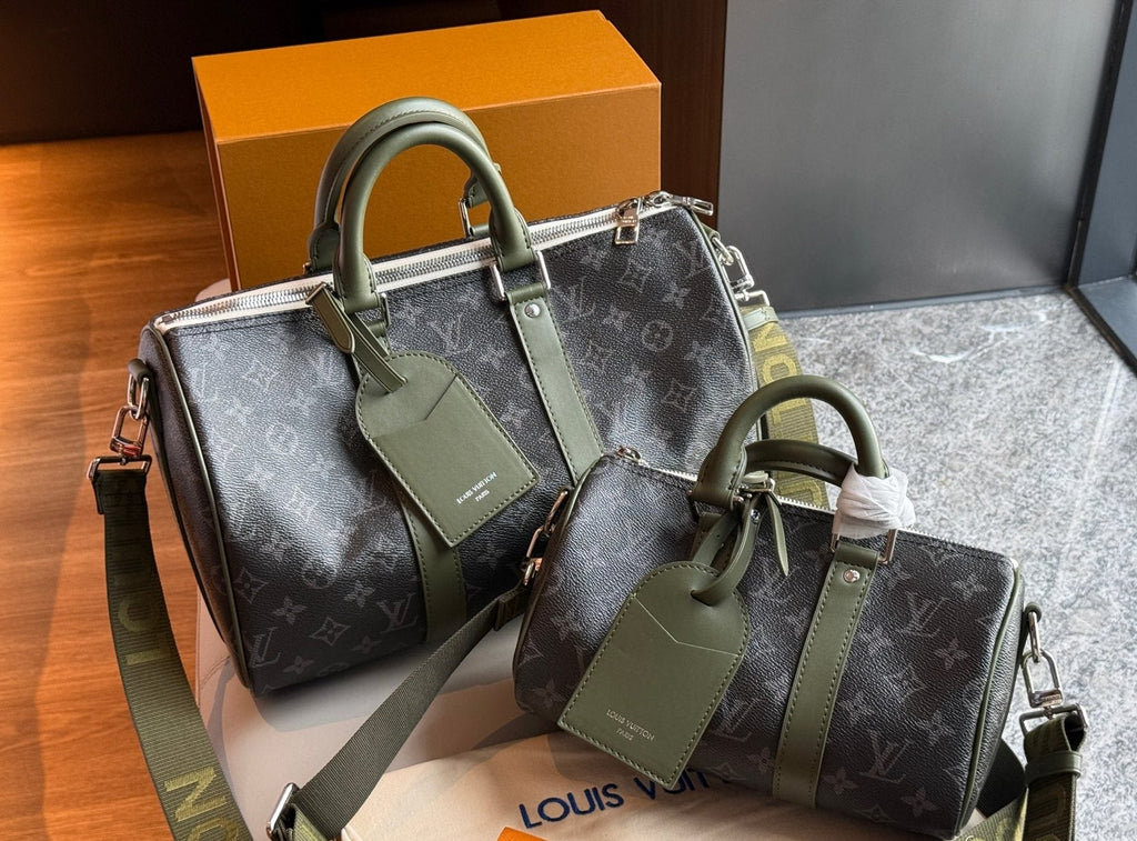 Louis Vuitton Keepall Monogram Duffel Bag with Olive Trim — detail