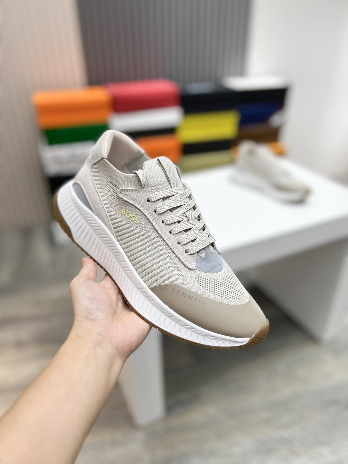 BOSS Men's Knit-Upper Ribbed-Sole Sneakers — model