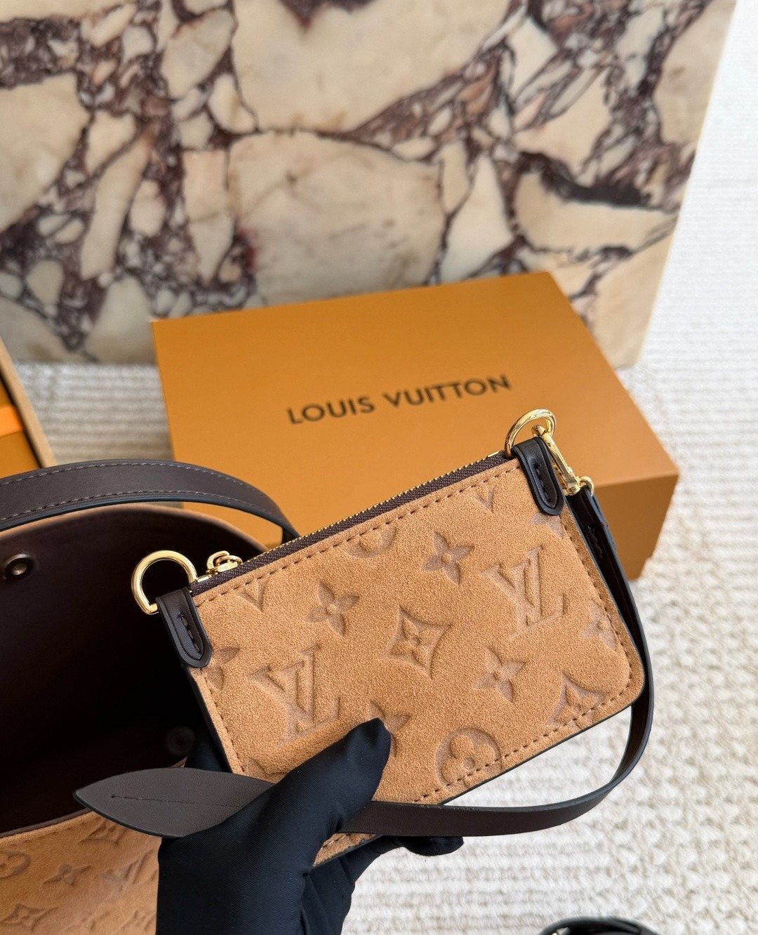 Louis Vuitton Tan Embossed Monogram Bucket Bag — detail