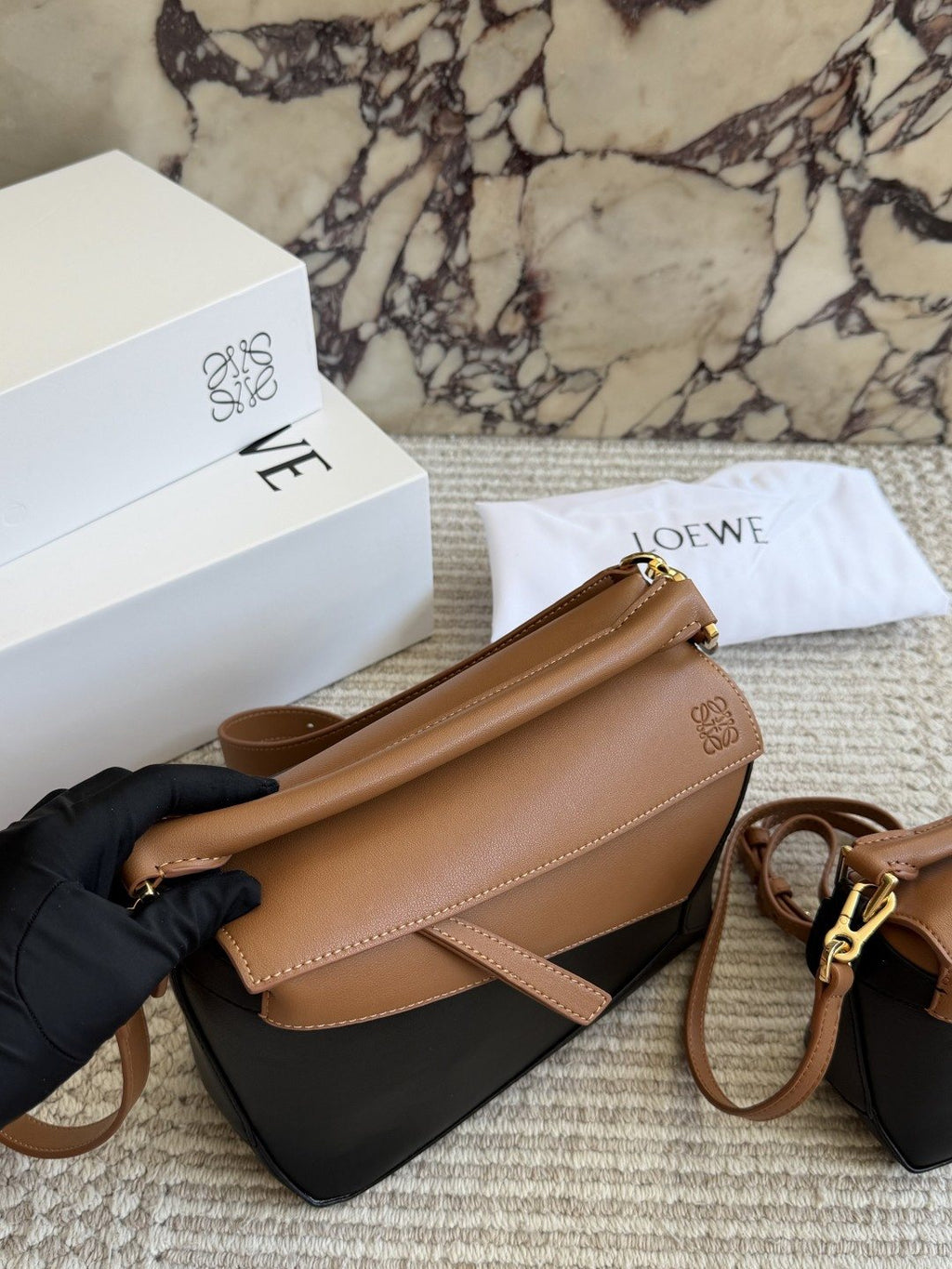 Loewe Puzzle Tan and Black Top-Handle Bag — front