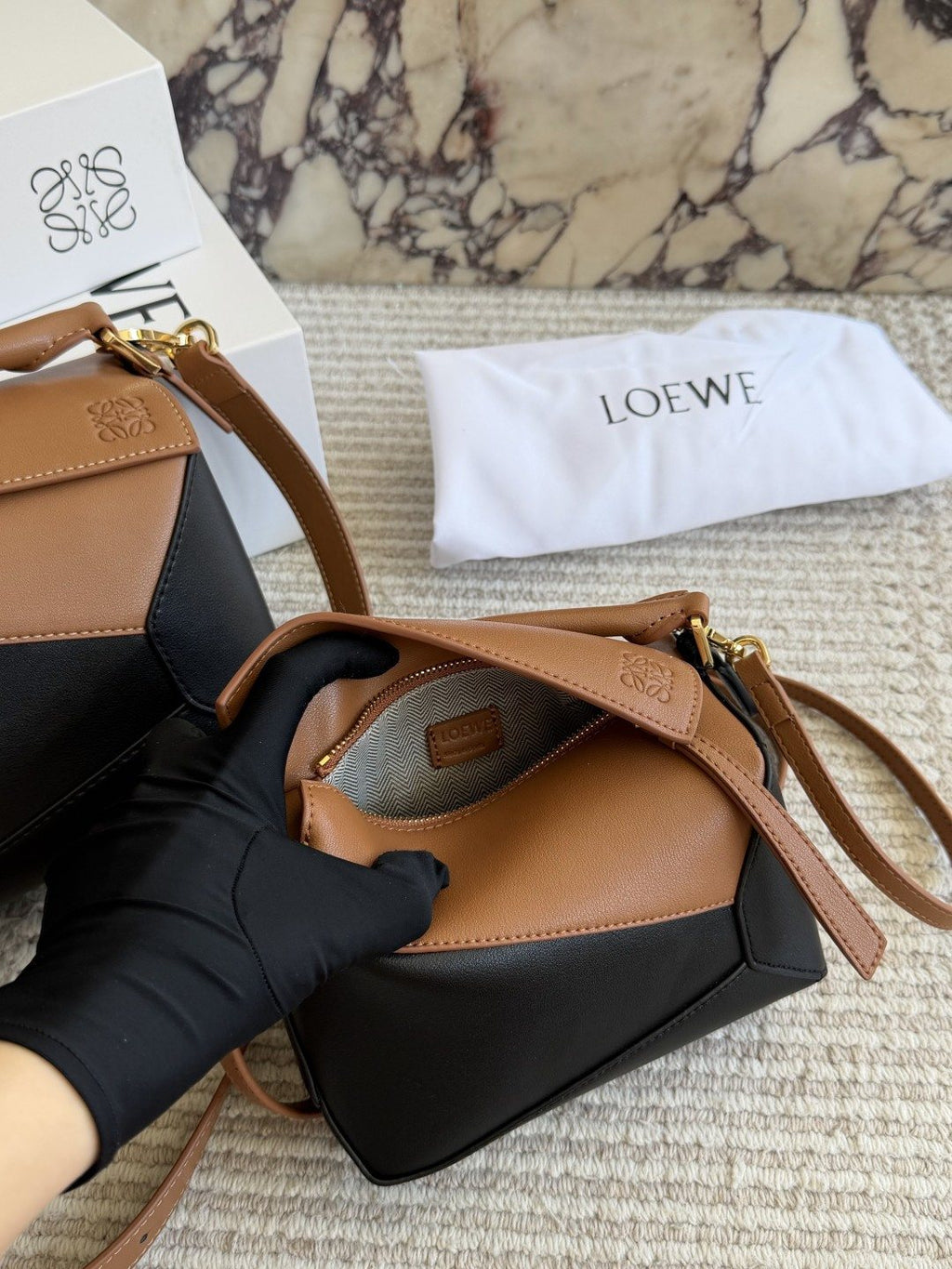Loewe Puzzle Tan and Black Top-Handle Bag — front