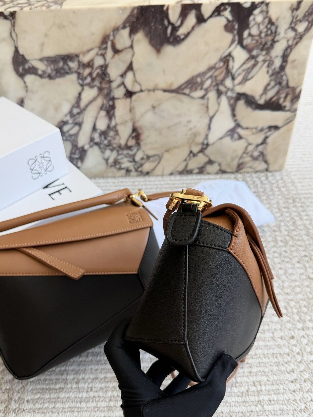 Loewe Puzzle Tan and Black Top-Handle Bag — side
