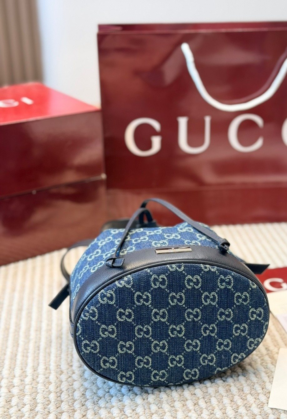 Gucci Blue GG Drawstring Bucket Bag — detail
