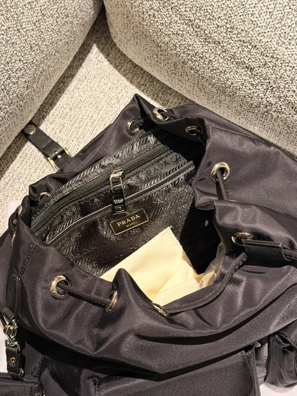 Prada Nylon Flap Backpack with Buckle Pockets — detail